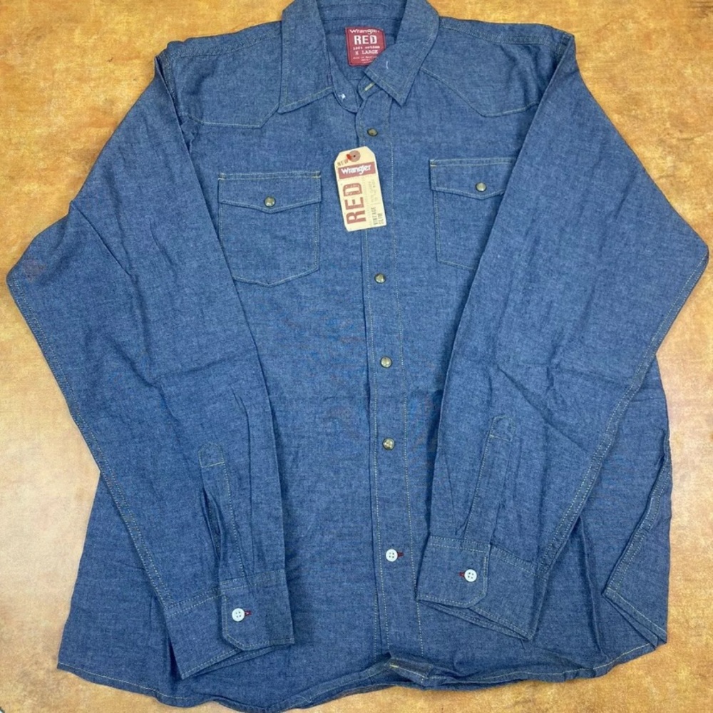 Mens Wrangler Red Vintage Slim Shirt Snap Lightweight Long Sleeve Denim XL